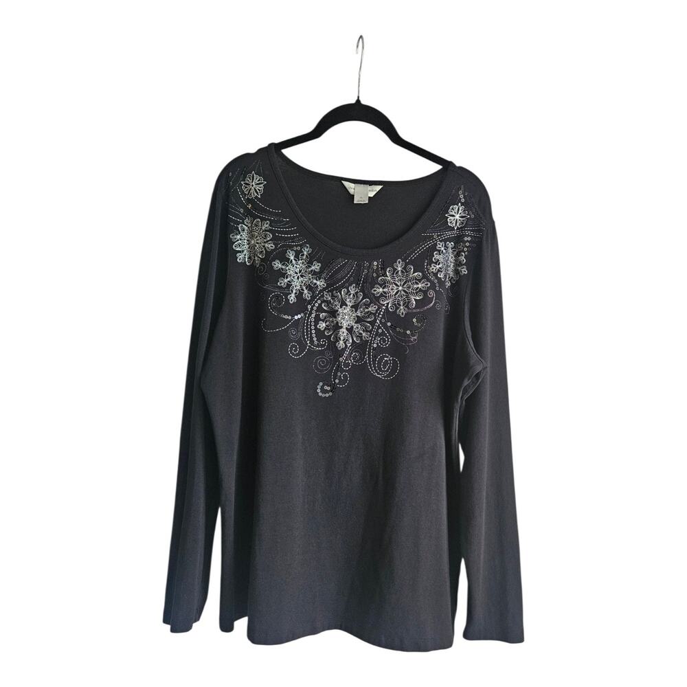 Christopher & Banks Womens XL Top L/S Black Festive Scoop Neckline Sequins